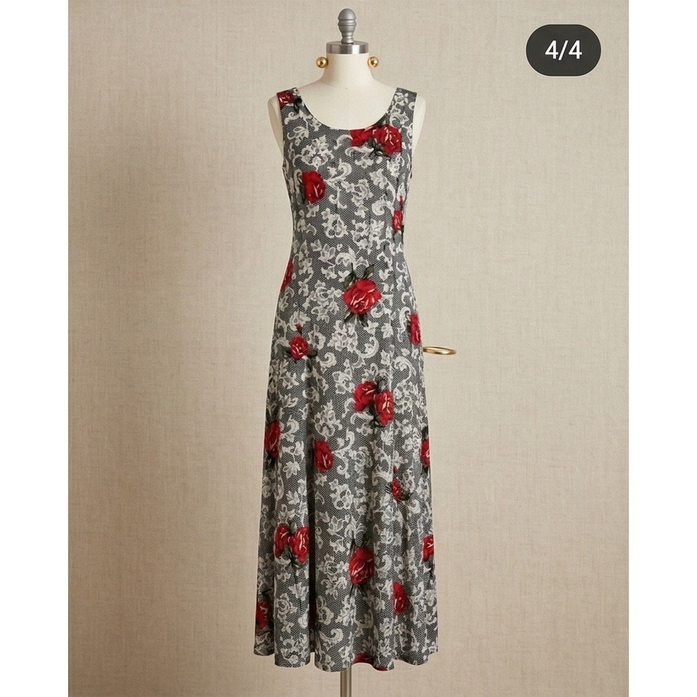 Expressions 14 Vintage Maxi Dress Red Rose Lace Print Sleeveless Rayon Y2K‎